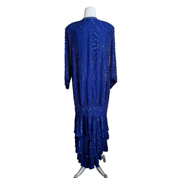 RARE Vintage 80s Judith Ann 2 pc Blue Silk Sequin Beaded Kimono Jacket and Dress - Picture 10 of 16